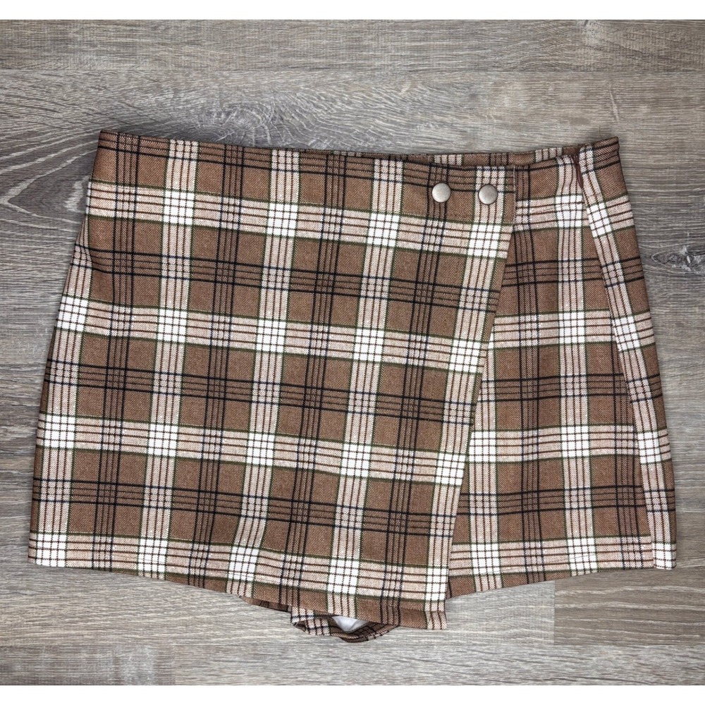 Sincerely Jules Brown Plaid Skort Mini Wrap Skirt Shorts Brown‎ Cream Large